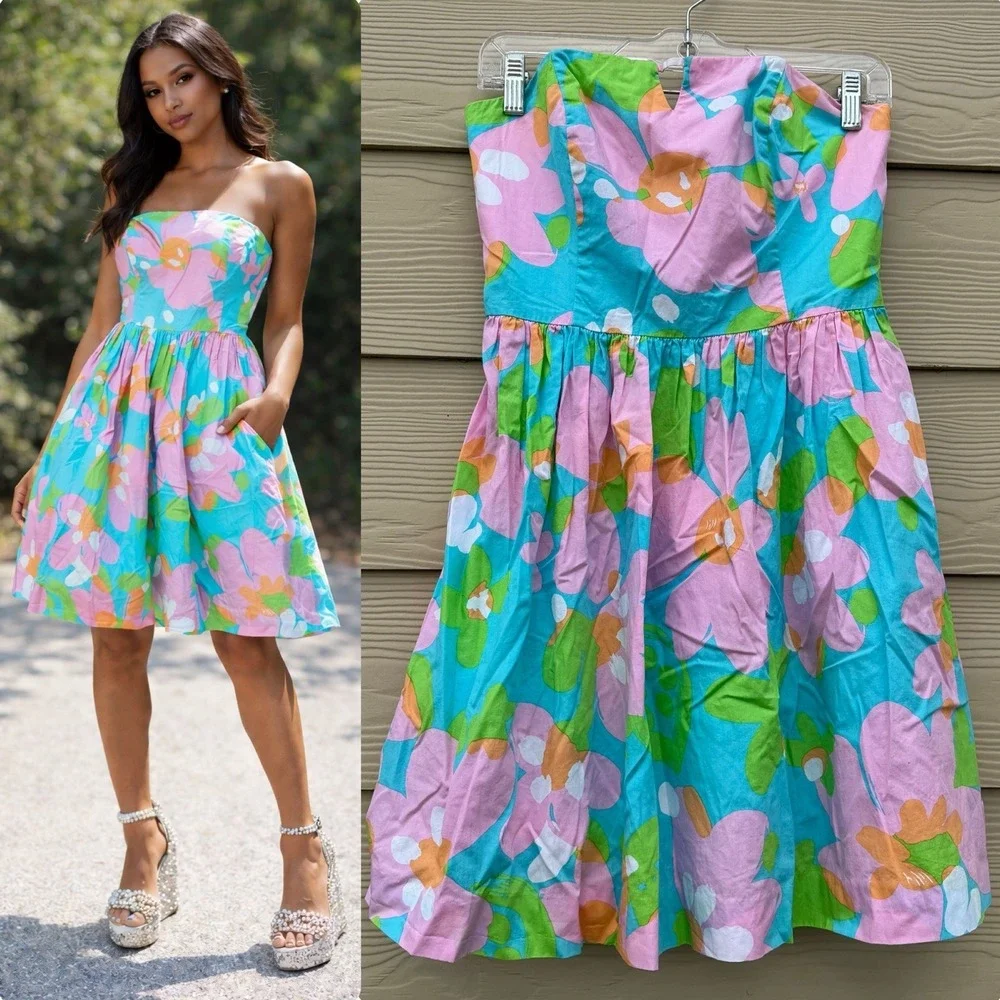 Lilly Pulitzer Y2K Floral Strapless Dress Sz4 Bow Back Fit Flare Preppy Cottage - Picture 1 of 10